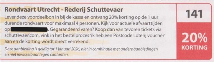 Rondvaart Utrecht - Rederij Schuttevaer 20% korting. Bon 141, Tickets en Kaartjes, Kortingen en Cadeaubonnen, Drie personen of meer