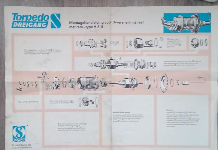 Torpedo Dreigang 3-versnellingsnaaf werkplaats poster, Fietsen en Brommers, Handleidingen en Instructieboekjes, Gebruikt, Ophalen of Verzenden