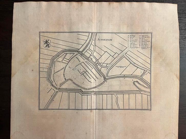 Antieke kaart (vestingkaart) Schiedam C. Merian 1660, Antiek en Kunst, Kunst | Etsen en Gravures, Ophalen of Verzenden