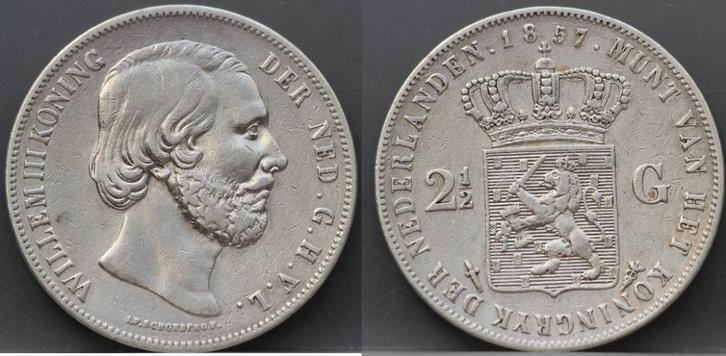 Zilveren rijksdaalder 1857 - 2 1/2 gulden 1857 Willem 3, Postzegels en Munten, Munten | Nederland, Losse munt, 2½ gulden, Koning Willem III