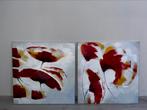 Mooie tweeluik schilderijen rood-gele bloemen, Antiek en Kunst, Ophalen