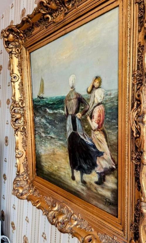 ZEEGEZICHT VISSERVROUWEN AAN SCHEVENINGESESTRAND BAROKLIJST, Antiek en Kunst, Kunst | Schilderijen | Klassiek, Ophalen