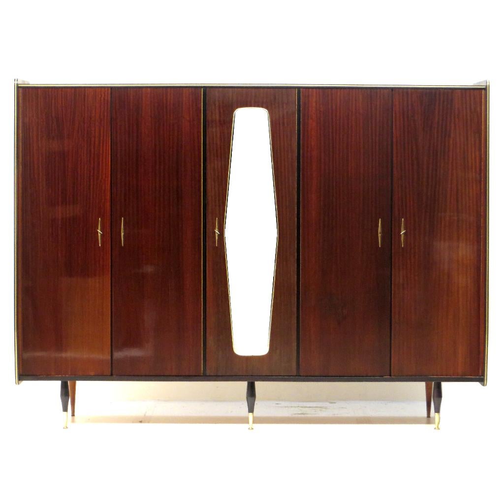 Vintage 5-deurs kledingkast in teak met spiegel jaren 60, Met deur(en), Gebruikt, Vintage, mid century, design, Glas