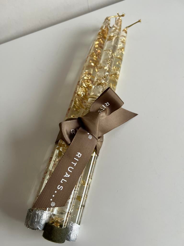 5 Vintage Lucite Kunststof Kaarsen Rose Gouden Flakes 50’s, Ophalen of Verzenden, Zo goed als nieuw, Kunststof, Kaars