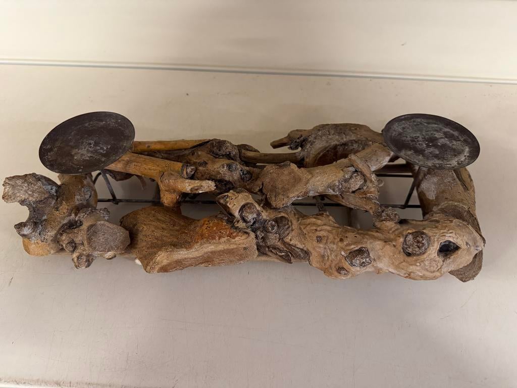 Unieke drijfhout kandelaar met metalen houders, Gebruikt, Bruin, Ophalen of Verzenden, Hout