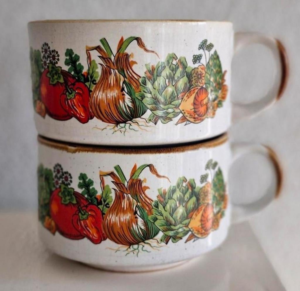 Twee retro Soepkommen met opdruk Groenten, Huis en Inrichting, Keuken | Servies, Ophalen of Verzenden, Zo goed als nieuw, Overige stijlen