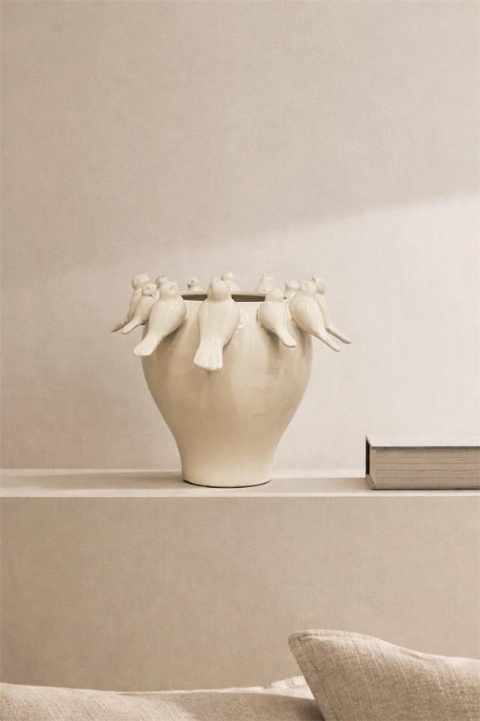 Vaas vogels keramiek 37,2x37,2x33cm, Huis en Inrichting, Overige kleuren, Aardewerk of Porselein, Nieuw, Ophalen of Verzenden