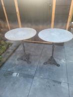 2x Bistrotafel gietijzer met natuursteen blad., Ophalen, Gebruikt, Rond, Metaal