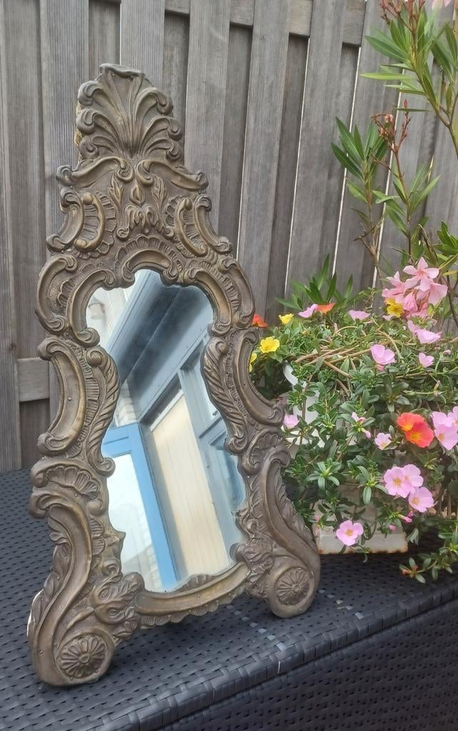 Antieke Franse tafel spiegel brocante koperplaat, Antiek en Kunst, Antiek | Spiegels, Ophalen of Verzenden