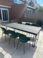 Zwarte visgraat eettafel en 6 groene velvet stoelen, Ophalen, Zo goed als nieuw