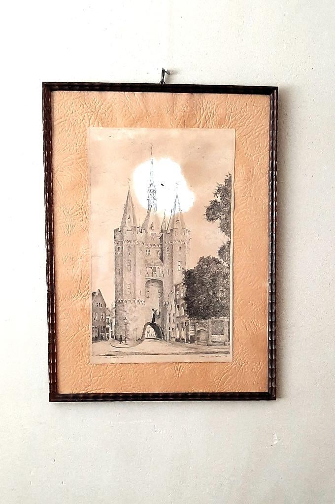 Oude prent van Sassenpoort Zwolle, Herm. J.J. Hulsebos, '52, Ophalen, Gebruikt, 1940 tot 1960, Gebouw
