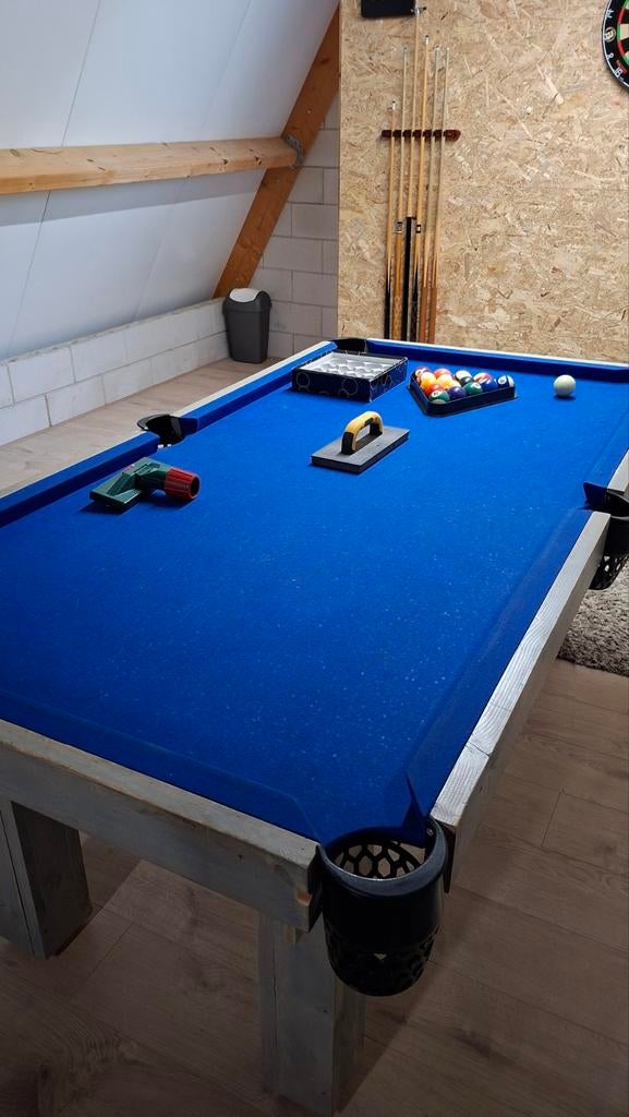 Zelfbouw Poolbiljart met Tafelblad en Complete Accessoires, Sport en Fitness, Biljarten en Poolen, Ophalen, Gebruikt, Pooltafel