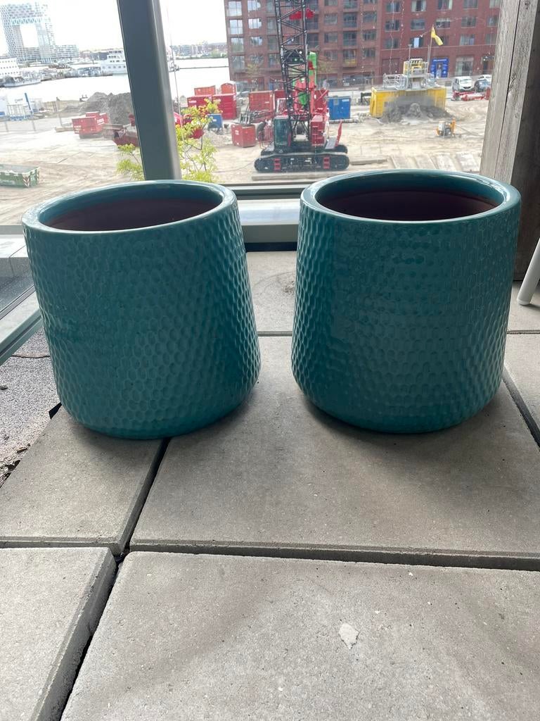 2 blauwe bloempotten, Tuin en Terras, Ophalen, Rond, Zo goed als nieuw, Aardewerk