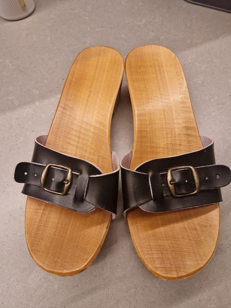 Houten klompen/muiltjes maat 36 valt als 37, Blauw, Zo goed als nieuw, Klompen traa, Sandalen of Muiltjes