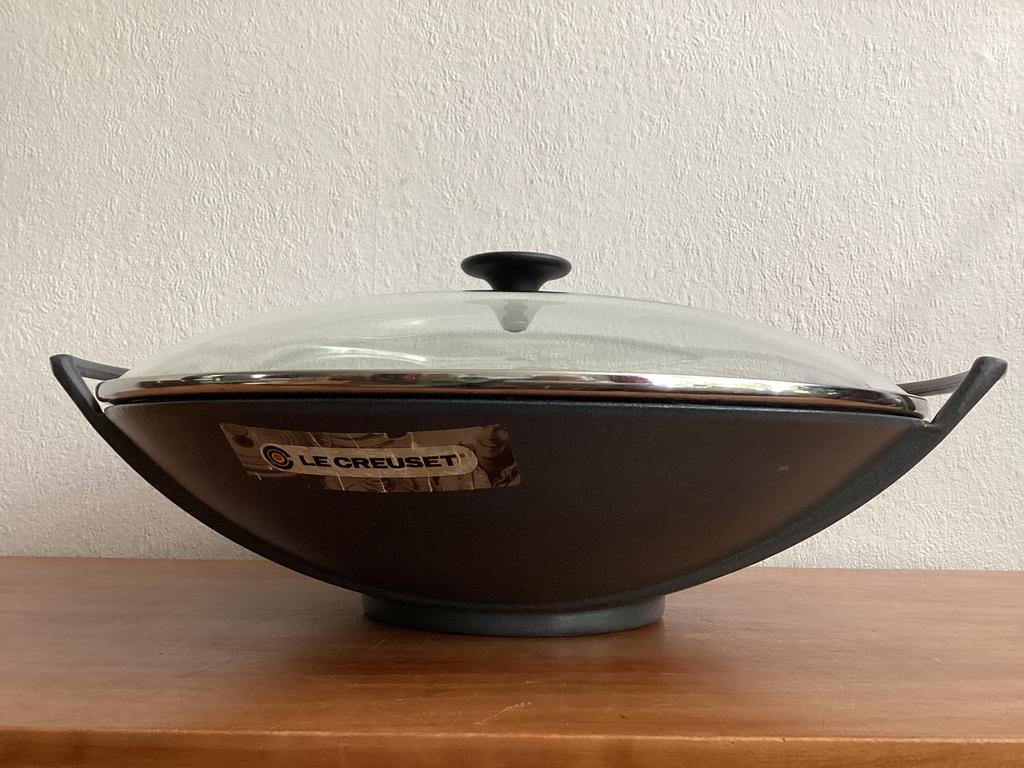 Le Creuset wok + glazen deksel- 36 cm, Ophalen of Verzenden, Zo goed als nieuw