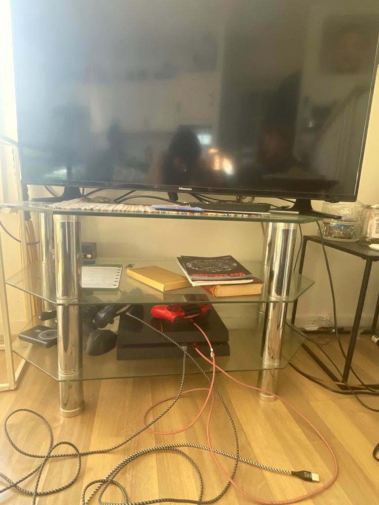 Glazen TV-meubel  TV STAND ENTERTAINMENT CENTER, Ophalen, Gebruikt, 100 tot 150 cm, Glas