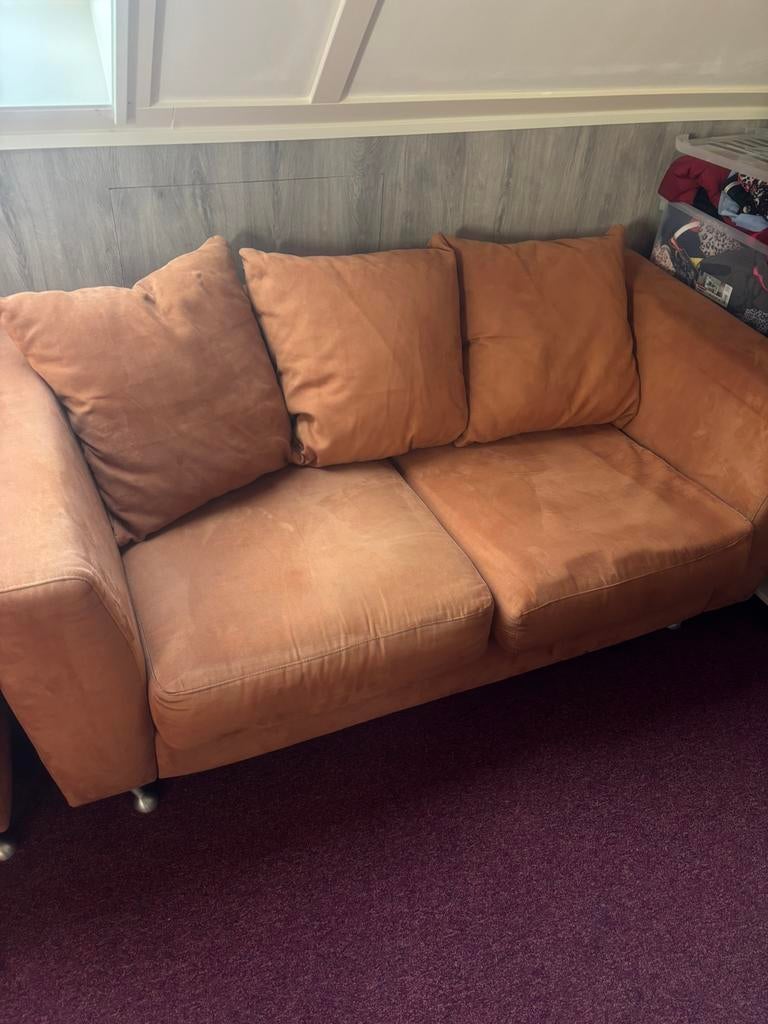 170 cm cognac / bruine suede bank, Ophalen of Verzenden, Zo goed als nieuw, Stof, Modern