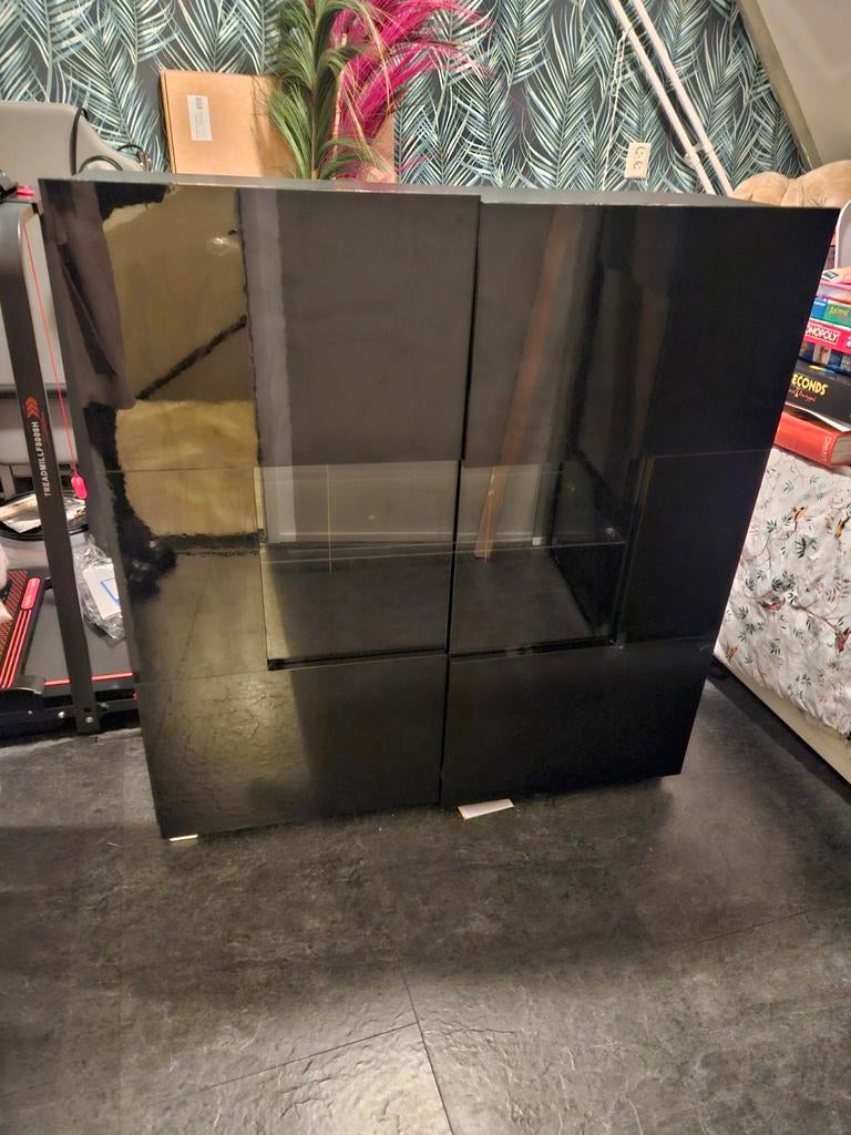 Moderne hoogglans zwarte dressoir en hangkast set, Ophalen of Verzenden, Gebruikt