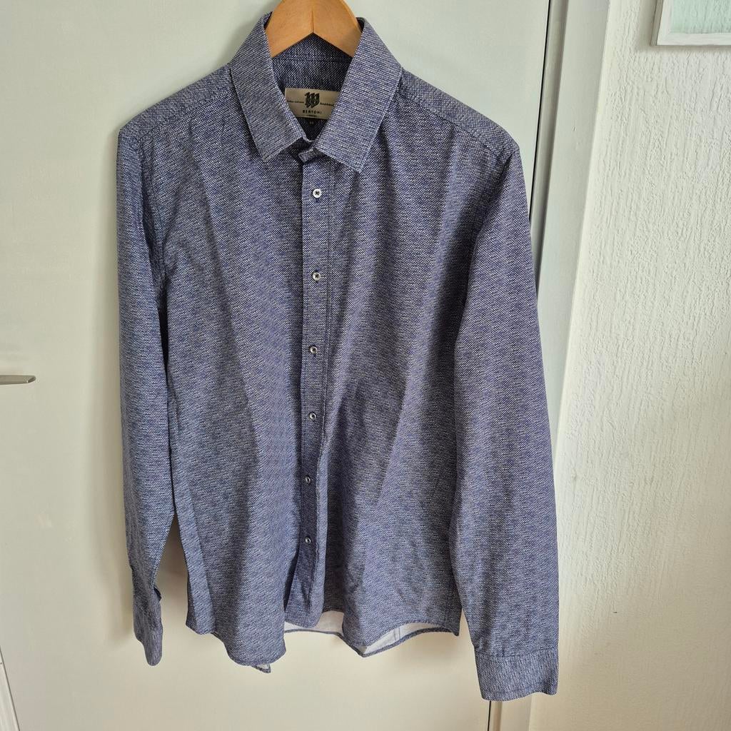 BERTONI Blauw Heren Overhemd Maat 44 - 100% Katoen, Blauw, Ophalen of Verzenden, Zo goed als nieuw, Halswijdte 43/44 (XL)