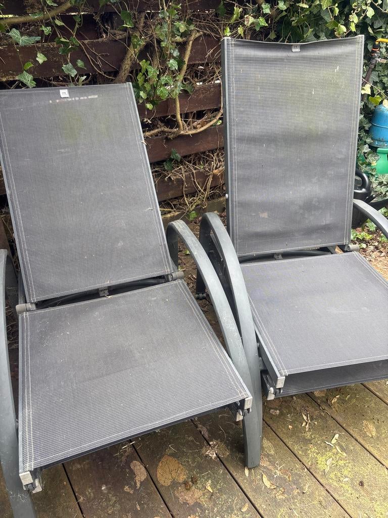 2 verstelbare zonnestoelen, Tuin en Terras, Tuinstoelen, Ophalen, Gebruikt, Metaal, Verstelbaar