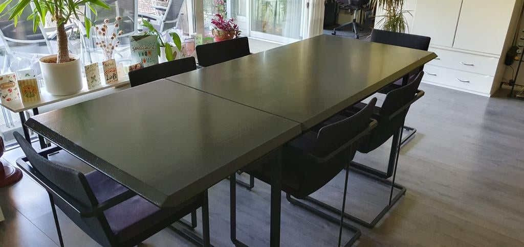 Moderne eettafel met 6 stoelen - Zwart, Huis en Inrichting, Tafels | Eettafels, Gebruikt, 50 tot 100 cm, Vijf personen of meer
