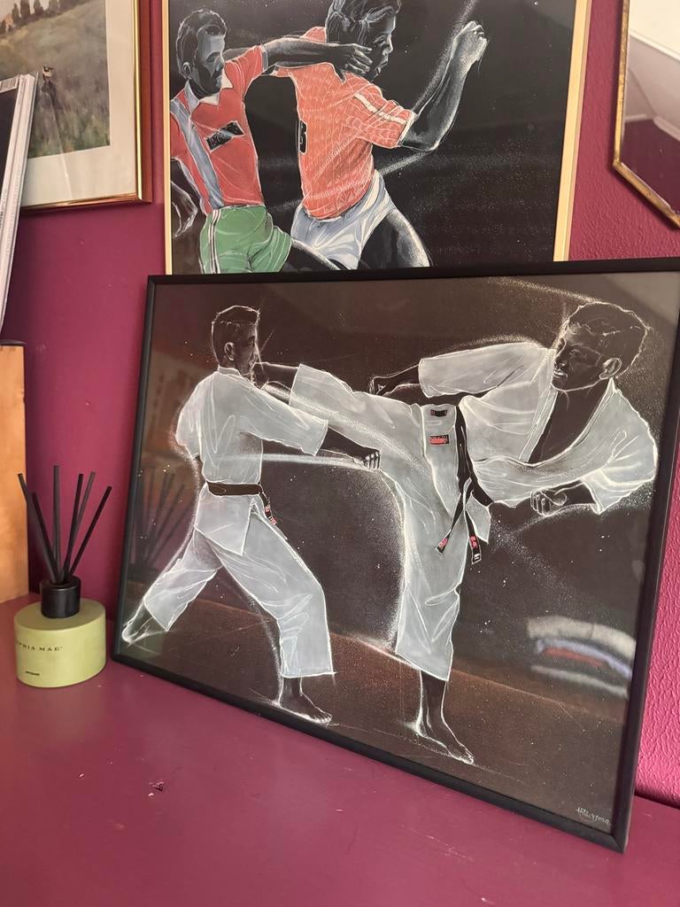 Vintage schilderij karate scene, gesigneerd H. Wiersma, Ophalen of Verzenden