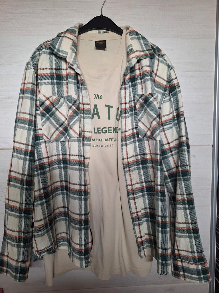 Butcher of Blue blouse heren XL creme met groen ruit, Verzenden, Groen, Halswijdte 43/44 (XL)