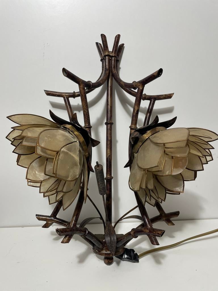 Unieke Bamboe Wandlamp met Capiz Schelpen, Antiek en Kunst, Ophalen of Verzenden