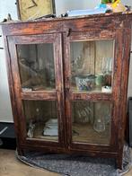 Vintage Houten Vitrinekast met Glas, Ophalen, Industrieel. Oud Indiaas hout., Gebruikt, 100 tot 150 cm