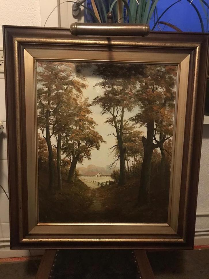 Schilderij Herfstbos met Huisje - Olieverf, Antiek en Kunst, Kunst | Schilderijen | Klassiek, Ophalen