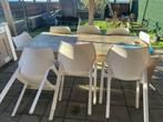 Teakhouten tuintafel met 8 kunststof stoelen, Ophalen, Gebruikt, Rechthoekig, Teakhout