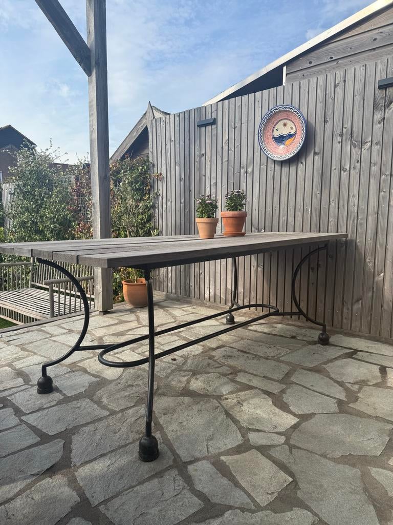 Azobé tuintafel met stalen onderstel, Ophalen, Gebruikt, Rechthoekig, Metaal