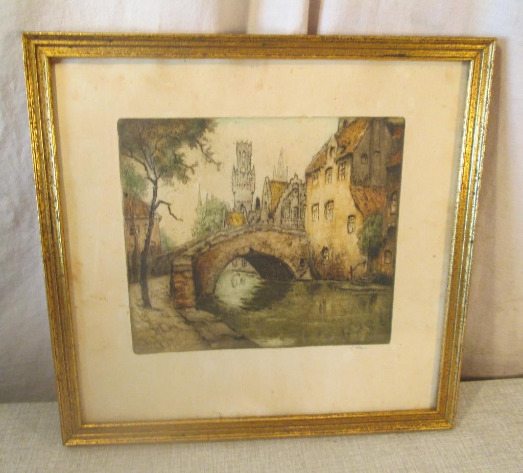 Mooi Oude Ets 'Zicht in Brugge' - J Steen, Antiek en Kunst, Kunst | Etsen en Gravures, Ophalen of Verzenden