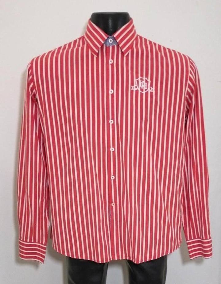 Rood gestreept designer overhemd van Dick Holthaus, Kleding | Heren, Overhemden, Verzenden, Zo goed als nieuw, Rood, Halswijdte 43/44 (XL)