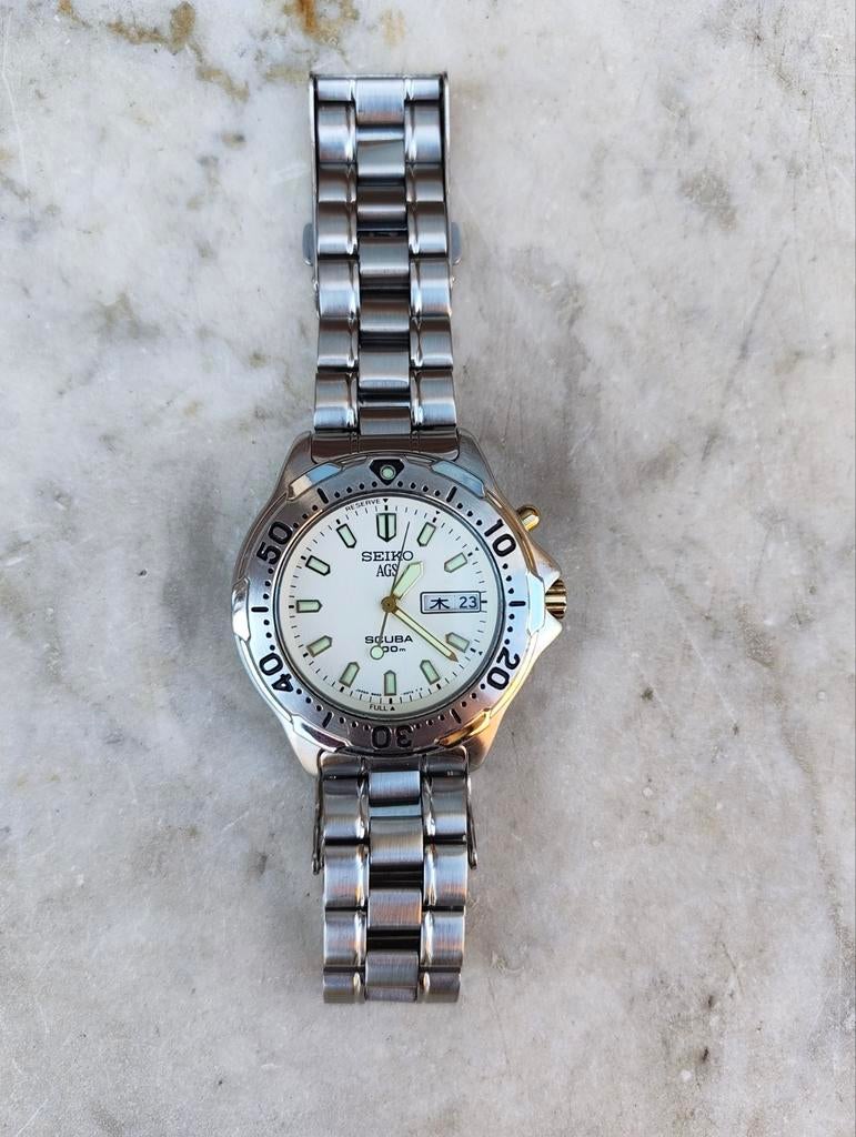 Vintage Seiko AGS Kinetic Scuba Duikershorloge 5M43-0C30, Gebruikt, Staal, Polshorloge, Ophalen of Verzenden