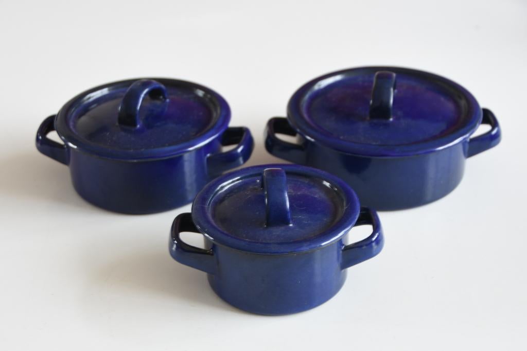 3 Brocante emaille pannetjes blauw speelgoed, Verzenden