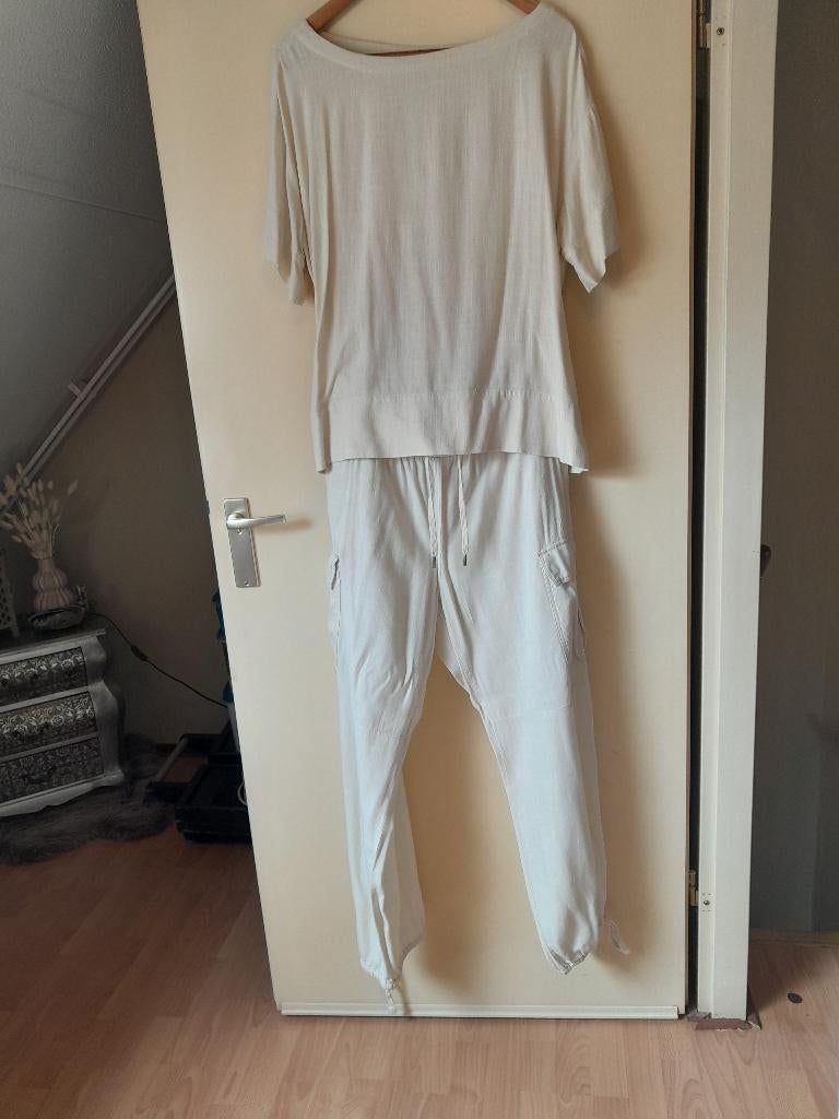 2-delig linnen pak met parachute broek mt XL, Beige, Maat 42/44 (L), Ophalen of Verzenden, Zo goed als nieuw