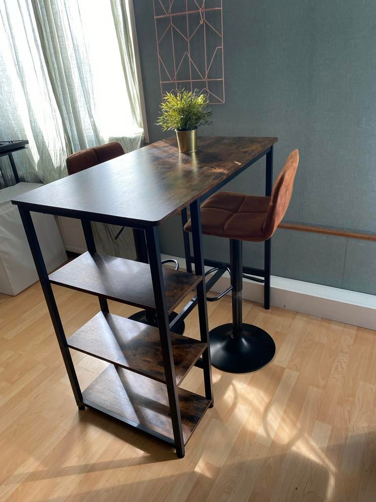 Bartafel mango hout met 2 verstelbare barkrukken, Ophalen, 100 tot 150 cm, Tot twee personen, 50 tot 100 cm