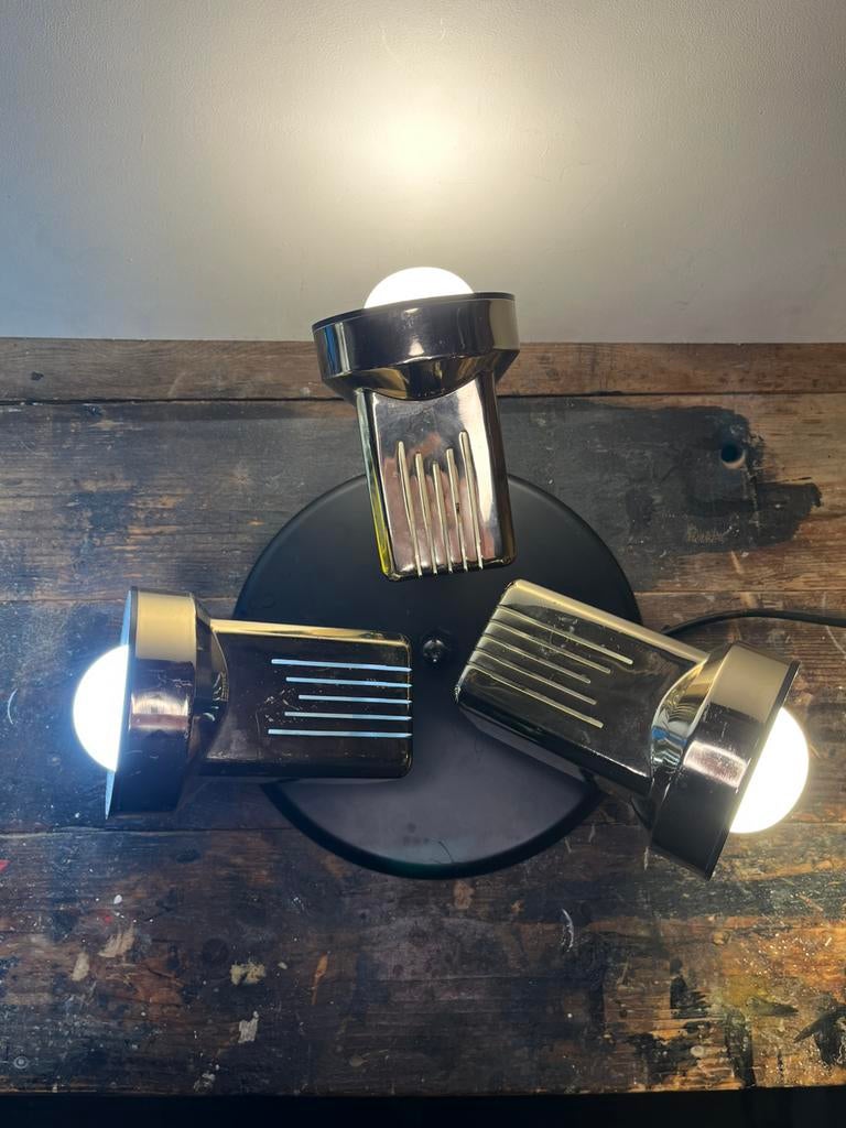 Vintage post modern Fase Madrid drie spots plafonnière  lamp, Ophalen of Verzenden, Gebruikt, Metaal, Vintage post modern Fase Madrid drie spots plafonnière lamp