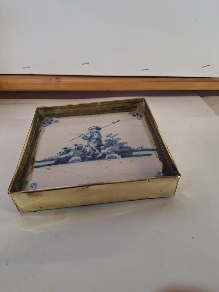 Antieke Delfts Blauwe Tegel in Messing Lijst - Herder, Ophalen of Verzenden