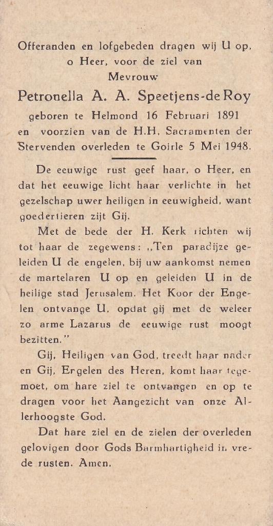 Roy Petronella 1891 Helmond 1948 Goirle, Ophalen of Verzenden, Bidprentje