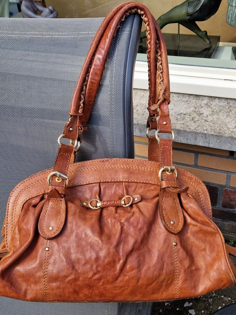 Vintage bowling tas leer camel cognac, Sieraden, Tassen en Uiterlijk, Tassen | Damestassen, Ophalen of Verzenden, Bruin, Handtas