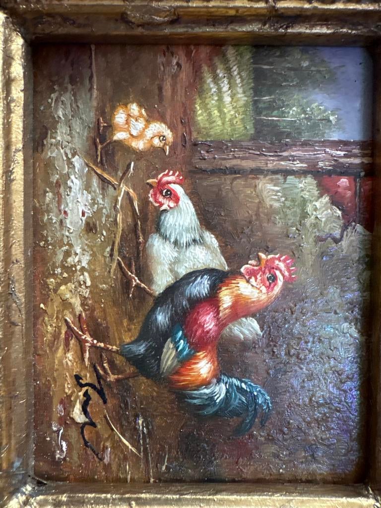 Schilderij met Haan en Kippen in Gouden Lijst, Ophalen of Verzenden