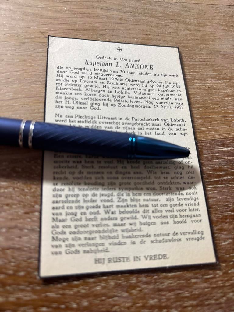 Ankone L 1928 Oldenzaal 1958 priester  Lobith, Verzamelen, Ophalen of Verzenden, Bidprentje