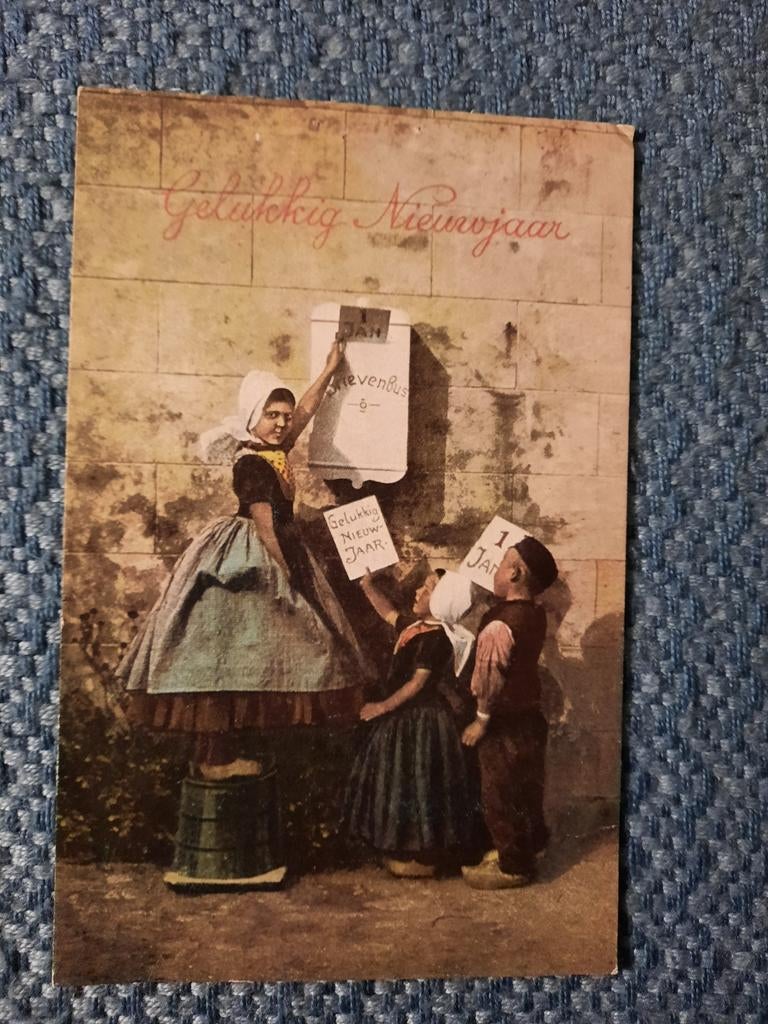Oude Gelukkig Nieuwjaar briefkaart met kinderen, Ophalen of Verzenden