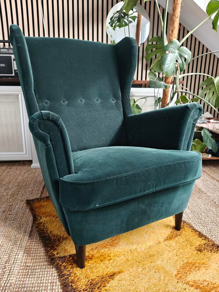 Ikea Strandmon fauteuil velours groen zgan, Huis en Inrichting, Fauteuils, Ophalen, 75 tot 100 cm, Zo goed als nieuw, Stof