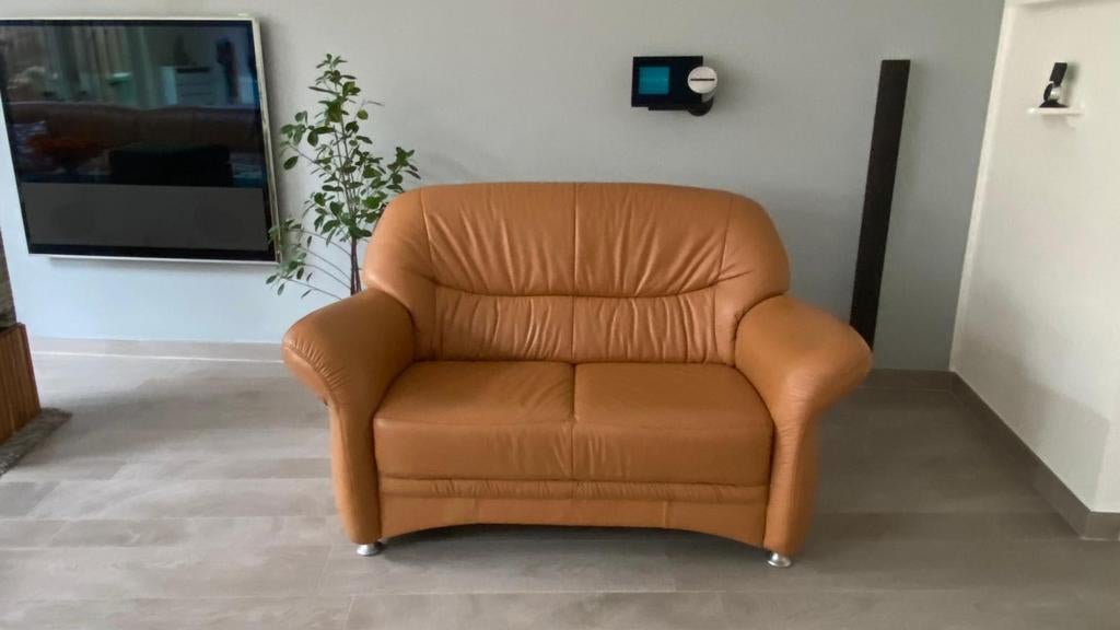 Nappa Lederen 2-zitsbank met tafel en glasplaat, Ophalen, Gebruikt, Tweepersoons, Minder dan 150 cm