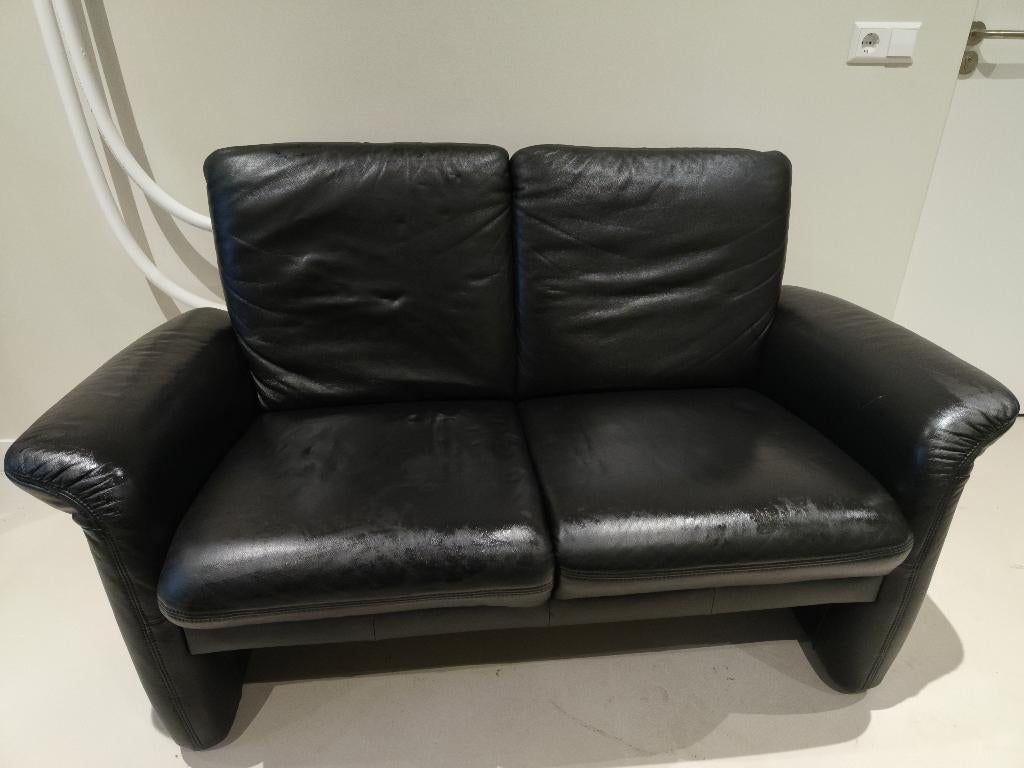 Zwartleren tweezits bank Topform, Ophalen, 150 tot 200 cm, Tweepersoons, Rechte bank