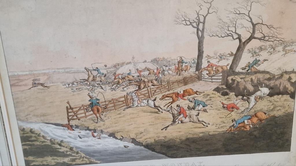 Antieke Jachtprint 'Easter Monday' - Handgekleurde Gravure, Antiek en Kunst, Kunst | Schilderijen | Klassiek, Ophalen of Verzenden