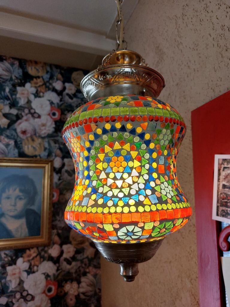 Oosterse Mozaïek Lamp Diabolo - Multikleur Indiaas, Gebruikt, Ophalen of Verzenden, Glas, Oosters, Indiaas, Mozaïek